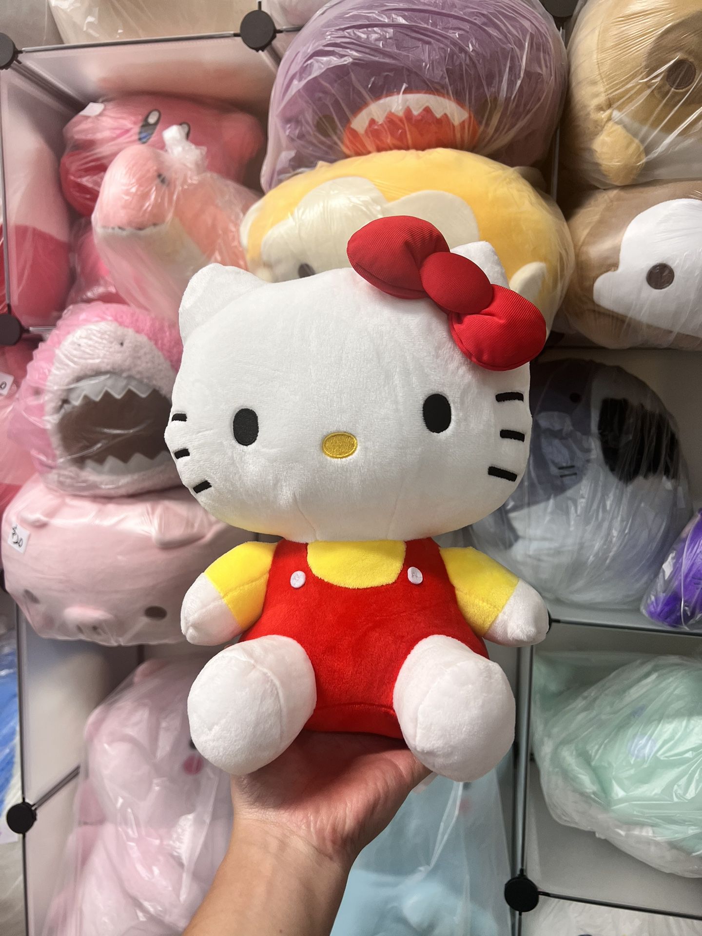 12” Hello Kitty Classic Plushie Sanrio Red Overall, Yellow Shirt and Red Bow