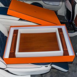 New in box LARGE Hermes Etriviere Tray in Solid Mahogany Wood w/ Leather Handles