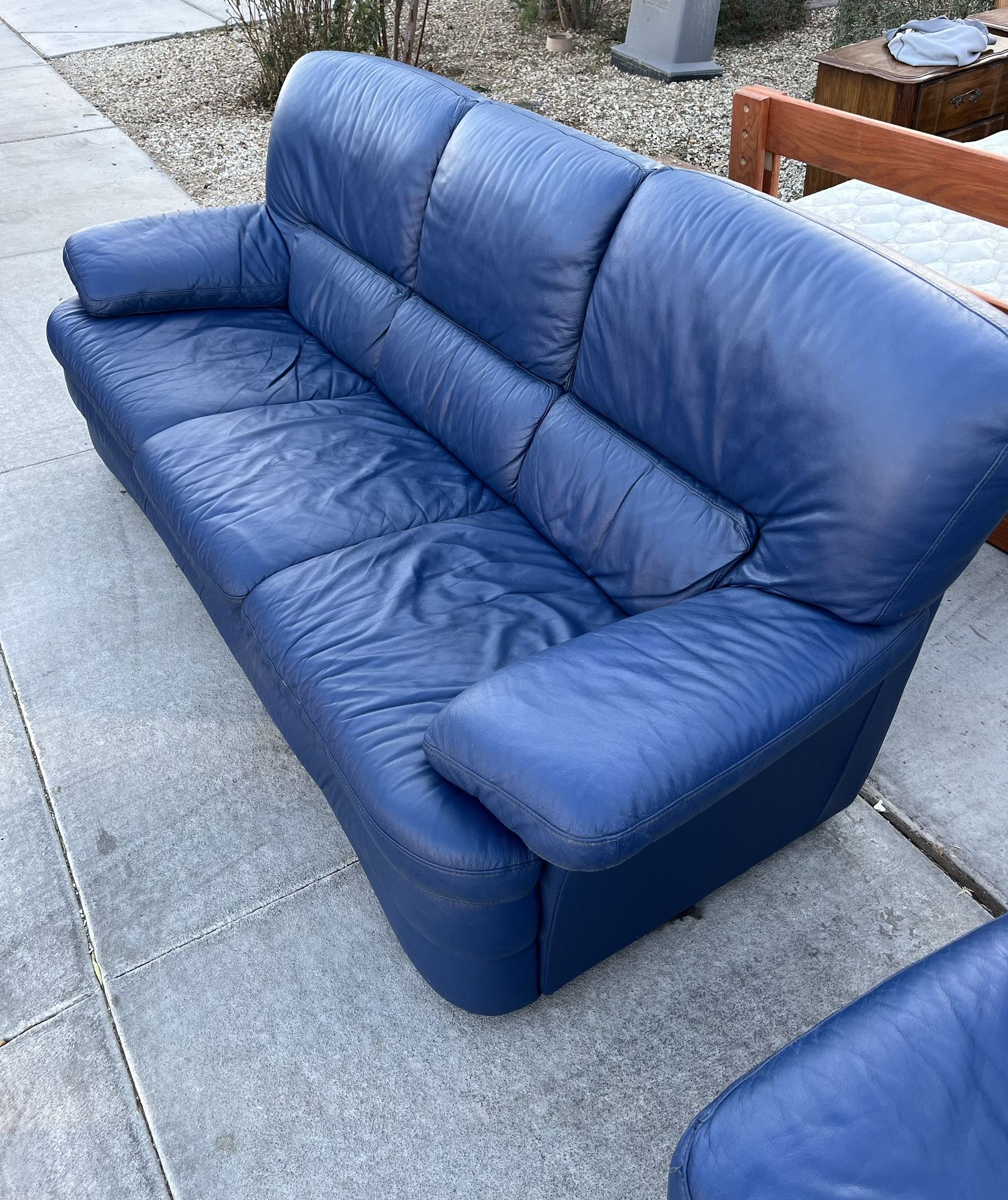 Blue Leather Sofa and Loveseat