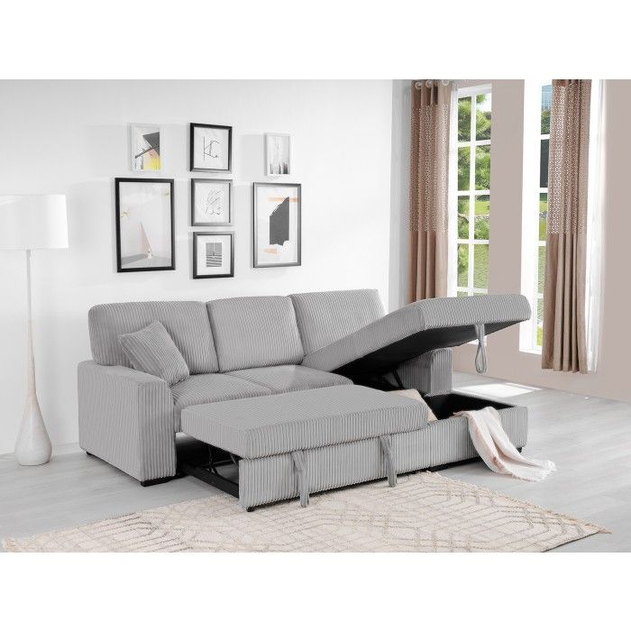Corduroy sectional sofa with storage chaise and pull out sofa bed