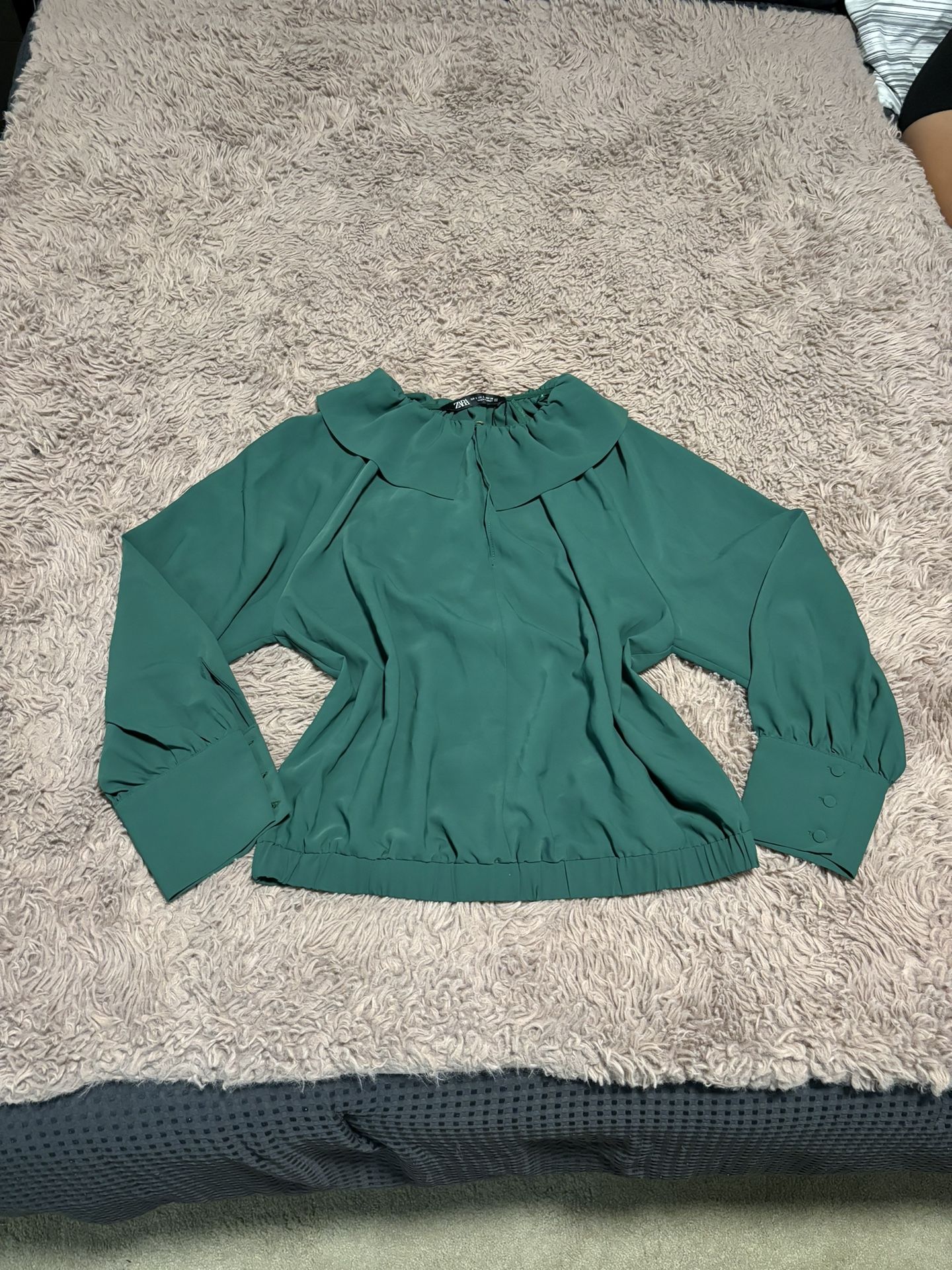 Zara Women Emerald Green Ruffle Neck Blouse