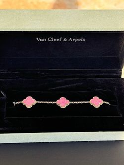 18k yellow gold Pink Van cleef Alhambra style Rhodonite 5 motifs clover shape stone bracelet
