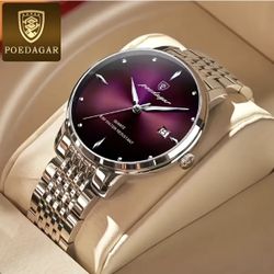 POEDAGAR Men's Luxury Quartz Watch - Elegant Purple Dial with Calendar, Luminous