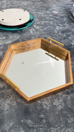Hexagonal Mirrored Decorative Tray with Gold Handles
