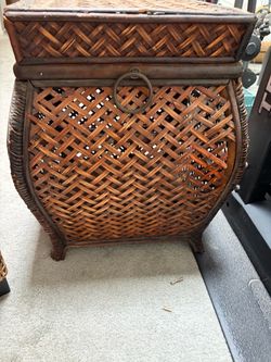 Woven wood and bamboo storage ottoman