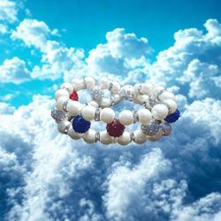 New Red, Pearl White, Blue Glass Beads Magnetic Rhinestone Bracelet Handmade 4th