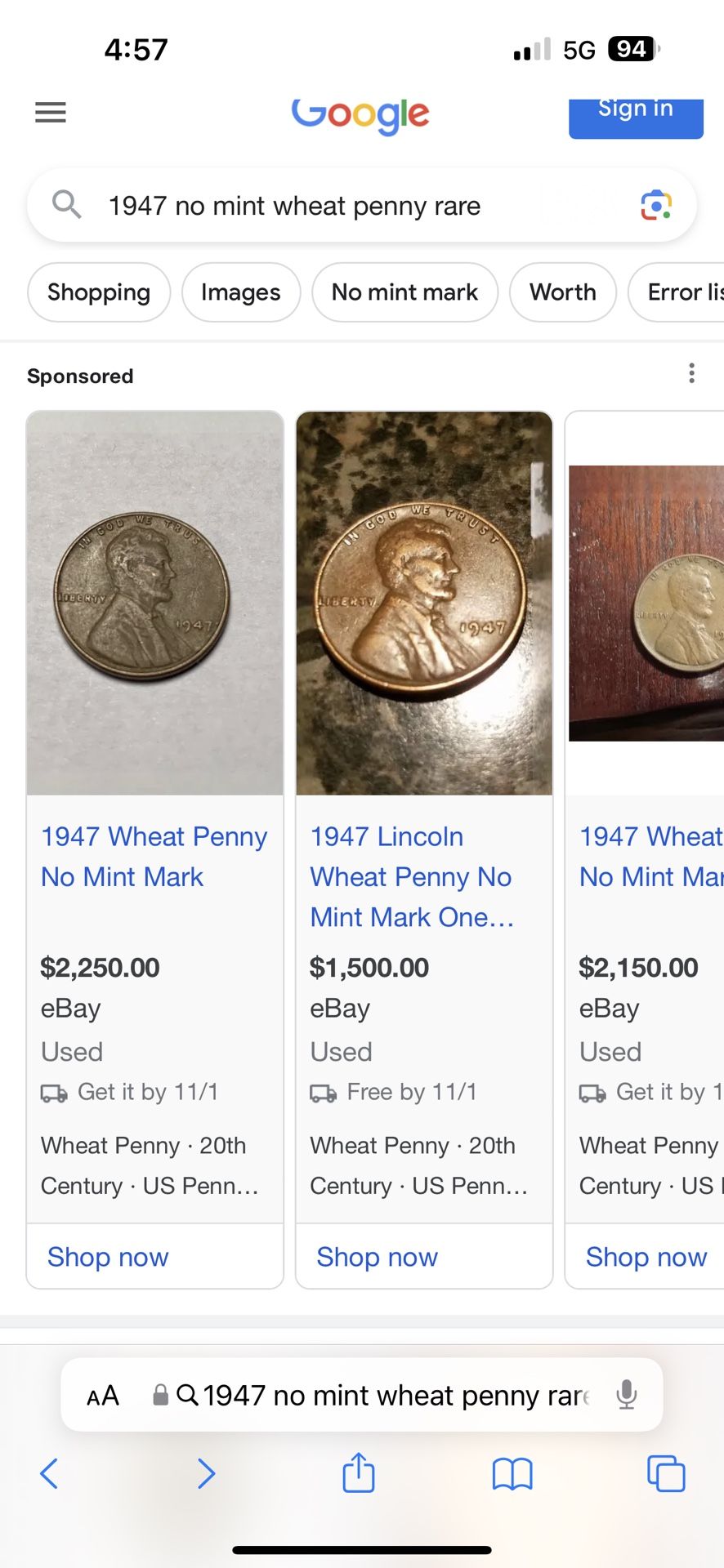 1947 No Mint Mark