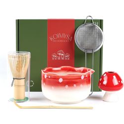 Cute Matcha Set With Mushroom Design Bowl And Whisk Holder, Unique Japanese Matcha Kit Gifts For Women Girls Friends Tea Lovers, Red