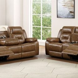 Brand New Brown Leather Reclining Sofa & Loveseat
