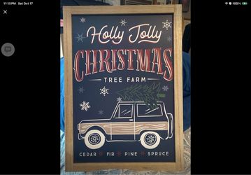 Holly Jolly Christmas Tree Farm" wood-framed holiday sign