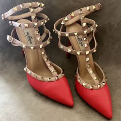 Valentino Garavani Red Patent Leather Rockstud Caged Ankle Strap Pumps 
