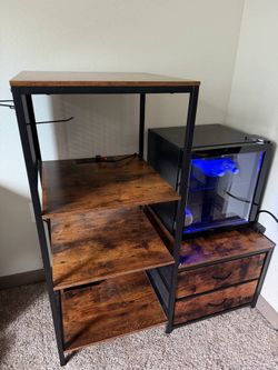 Rustic Storage Shelf with Built-In Outlets & Glass-Door Mini Fridge