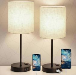 Modern 2-Pack Touch Control Table Lamps with Dual USB Charging Ports and AC Outlet, 3-Way Dimmable Bedside Lamps for Bedroom, Living Room, and Nursery