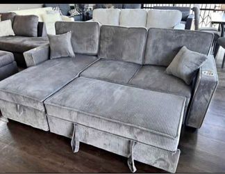 Corduroy couch pull out bed new in box /. USB , cup holders