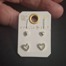 "NEW " Amanda Blu Sterling Silver Dipped Stud Cubic Zirconia Heart Earrings (2 Sets)