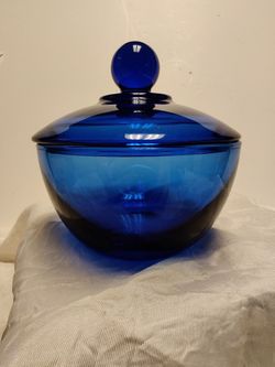 vintage cobalt blue lidded sugar bowl.