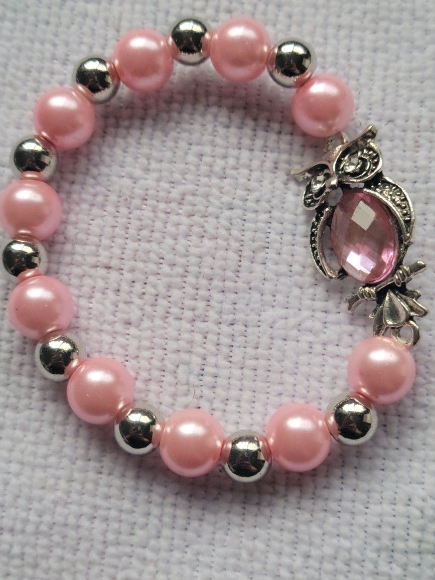 Pink Bead Stretch Bracelet With Owl