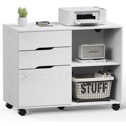 Lateral Filing Cabinet File Cabinet White Home Office 3 Drawers, Mobile, Open Storage Shelves, Under Desk Storage