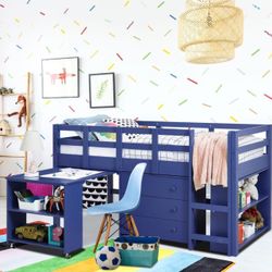 Naomi Home Twin Size Loft Bed with Desk Low Study Kids Twin Loft Bed with Storage Pine Wood Loft Bed Twin for Kids Twin Loft Bed with Cabinet Ladder, 