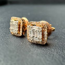 14k rose gold 1CTW natural diamond round & baguette cut stud earrings