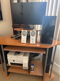 Dell monitor, Bose speakers, Epson printer, desk