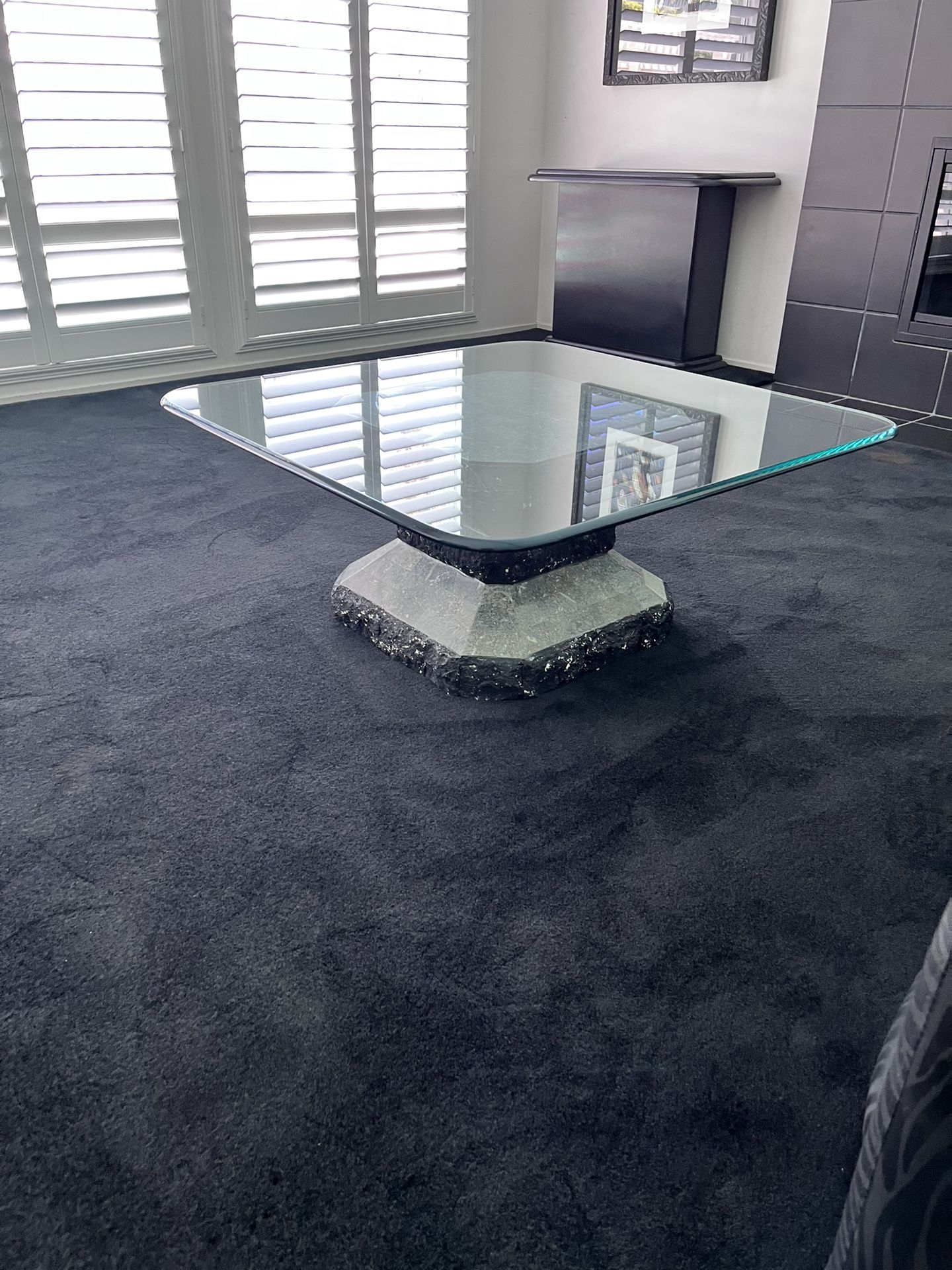 Modern Geometric Glass Coffee Table with Stone Base