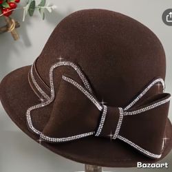 Women's Vintage Brown Felt With Rhinestone Bow Cocktail Bowler Hats Church Hats