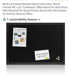 Black Cork Board Bulletin Board with Linen,Wood Framed 48”x32”.