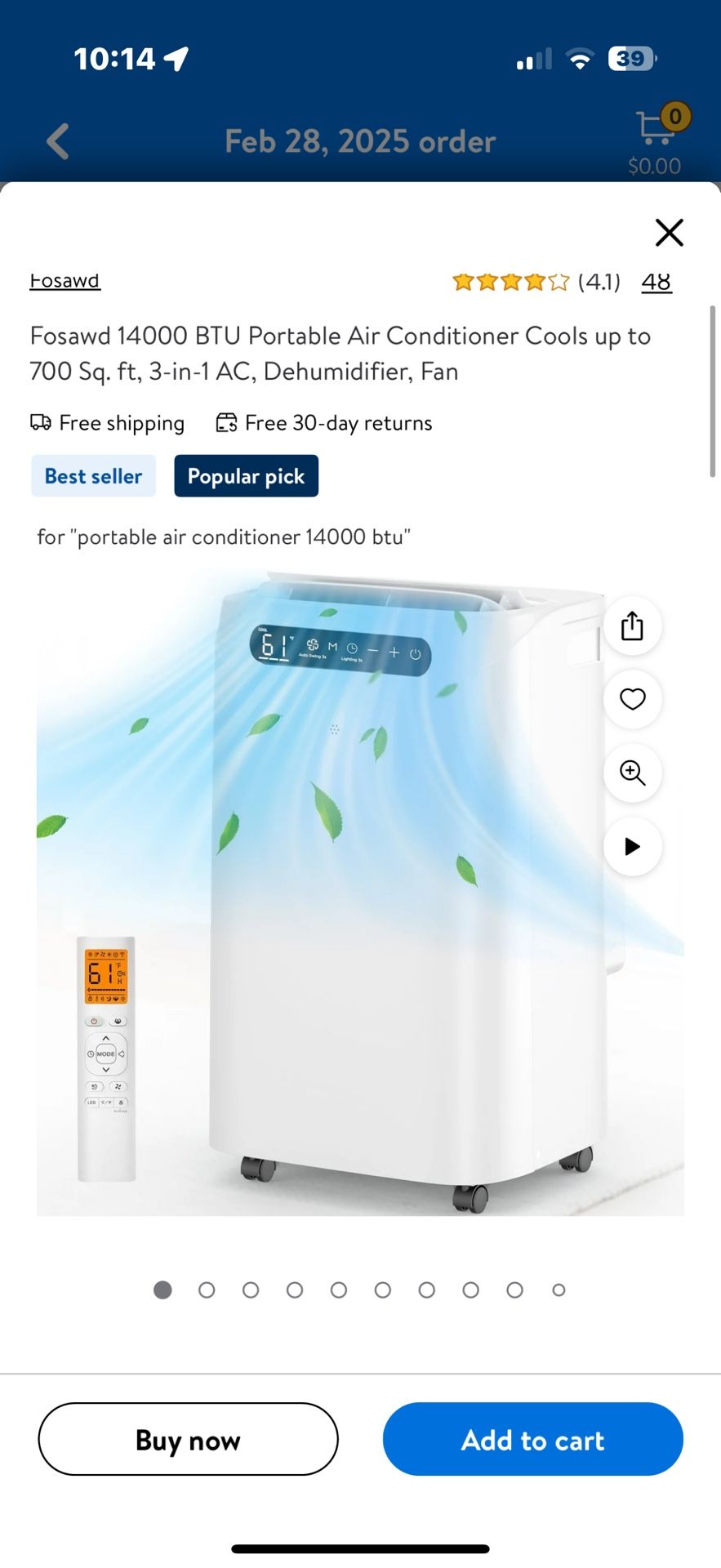 Fosawd 14000 BTU Portable Air Conditioner Cools up to 700 Sq. ft, 3-in-1 AC, Dehumidifier, Fan