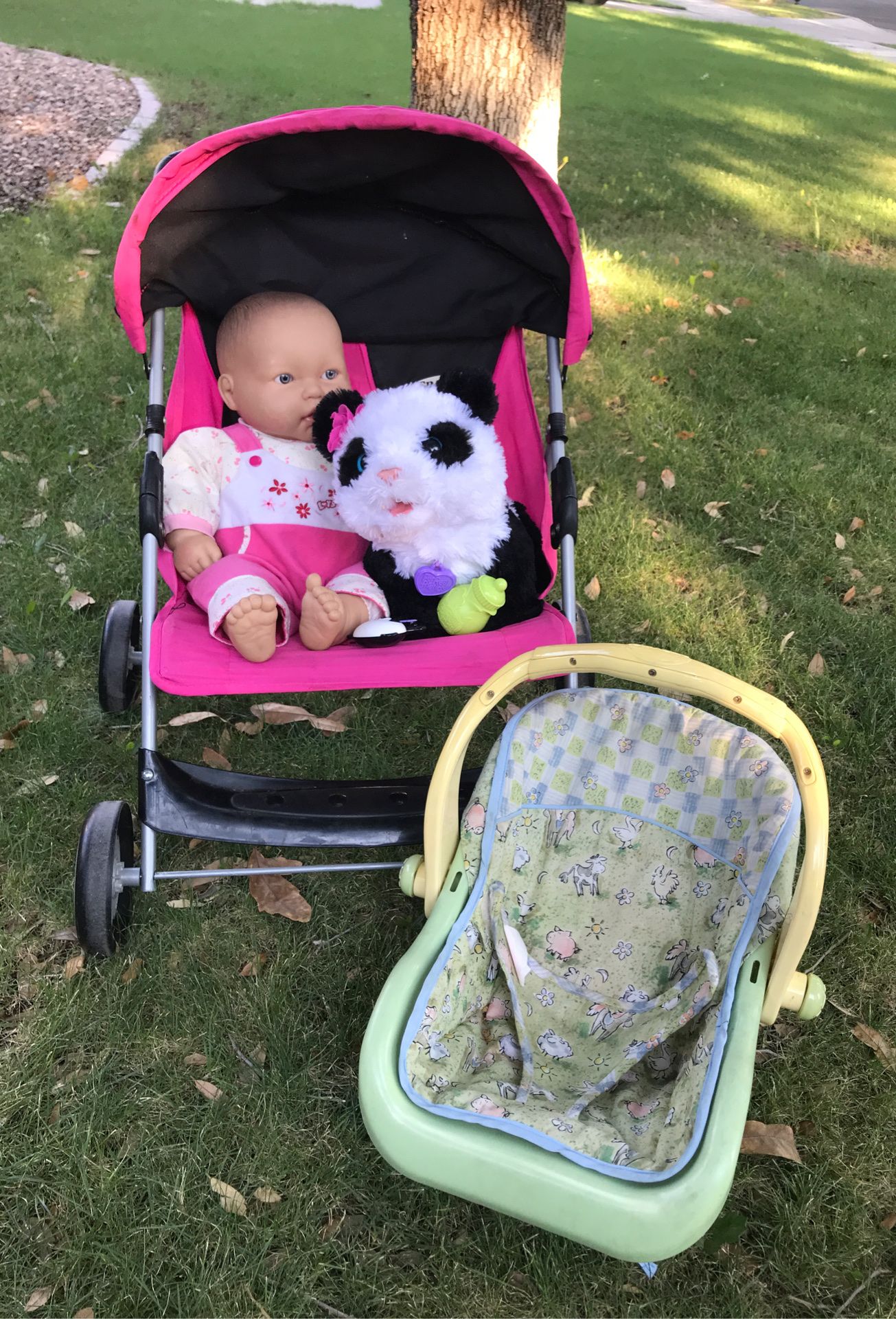 Graco double doll stroller, Graco doll car seat, doll and Fur Real Friends Panda