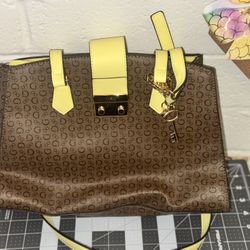 Guess Brown and Yellow Shoulder Bag with Monogram Print
