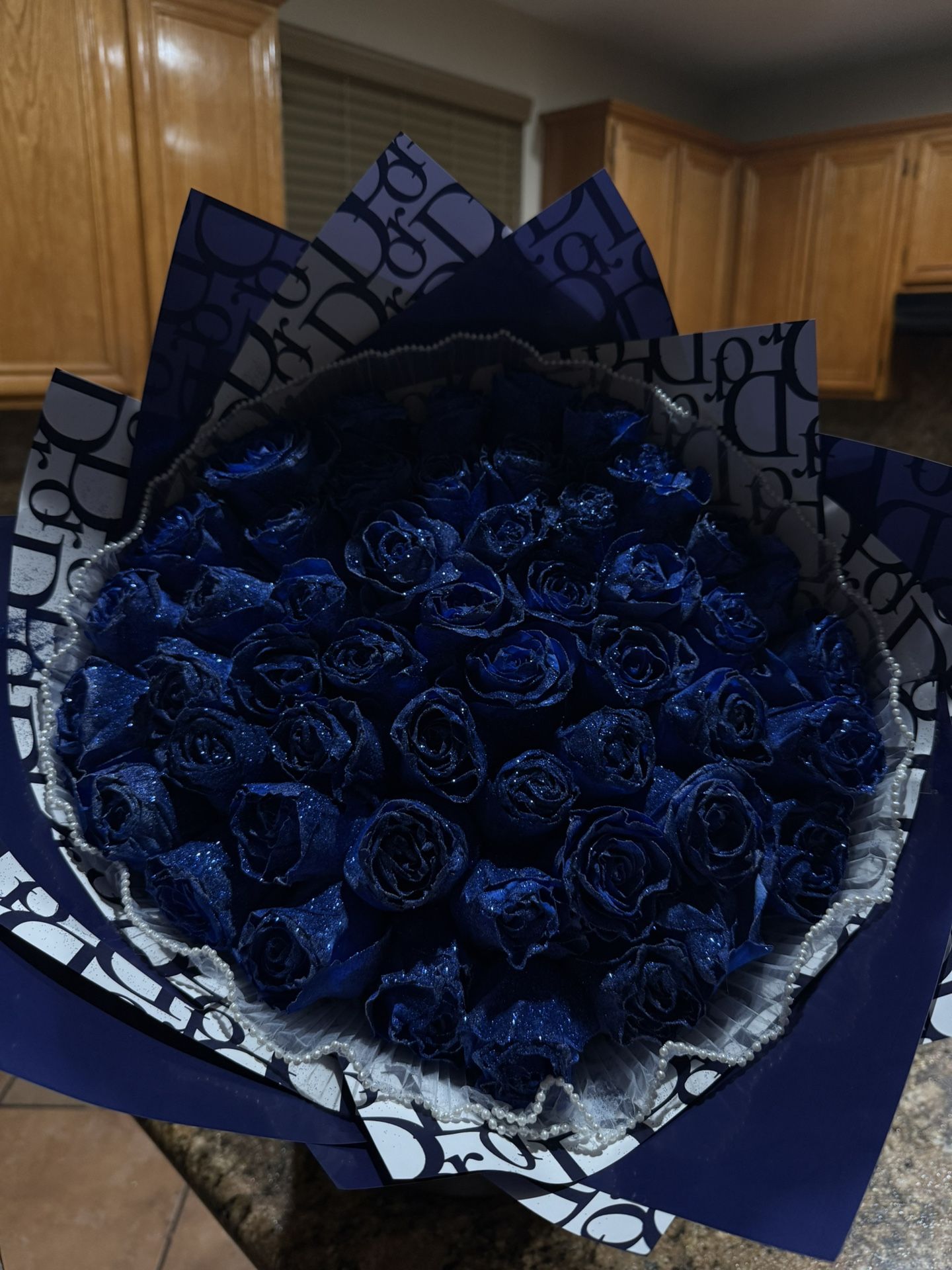 50 Blue Glitter Roses Dior Paper Bouquet/Ramo Buchon De 50 Rosas Azules Con Escarcha ππ