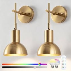 Battery Operated Wall Sconces, Brass Wall Sconces Set of 2, 20-60H Use, 12 RGB Colors, Dimming