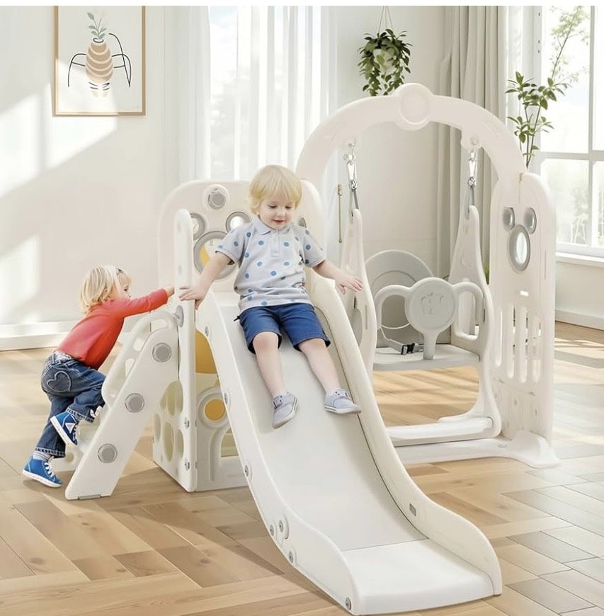 7 in 1 Toddler Slide and Swing Set, Freestanding Kids Large Climber Playset with Basketball Hoop,Storage Space, Baby Indoor Outdoor Playground for Boy