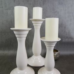 3pc White Ceramic Candle Holders Pillars ( Candles Included) Home Decor Party Event Wedding