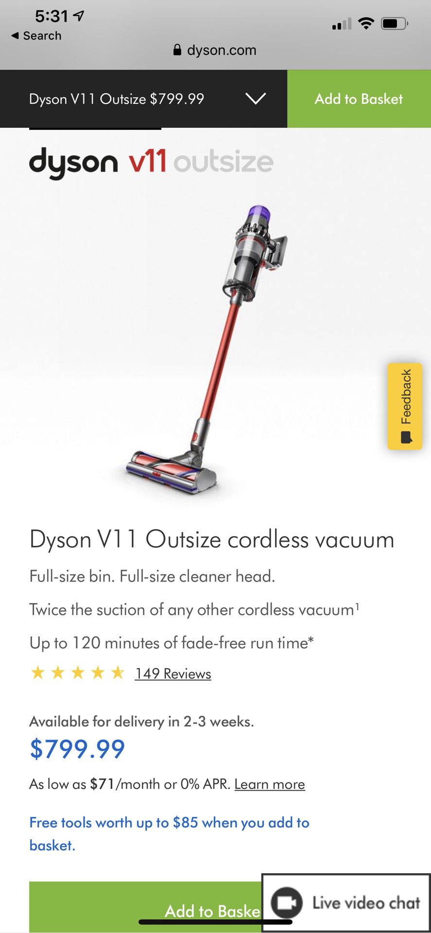 Dyson V11 OUTSIZE Full-size bin. Full-size cleaner head. Twice the suction of any other cordless vacuum¹ Up to 120 minutes of fade-free run time
