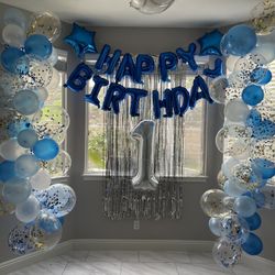 First Birthday "1" Foil Balloon, "One" cake topper, and "1" candle