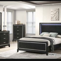 Brand New Super Elegant Black LED Queen Bedroom Set 