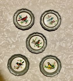 5 Vintage Pewter porcelain Coasters, Mini Plate Birds