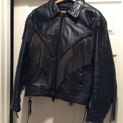 Womens Black Leather Fringed MotorCycle Jacket Size L W/ Zip Out Lining 