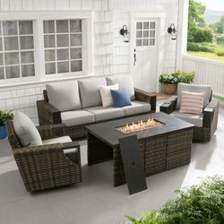 4-Piece Wicker Outdoor Seating Set with Gas Fire Pit Table