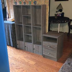 3 Grey Bookcases And 1 Grey End Table 