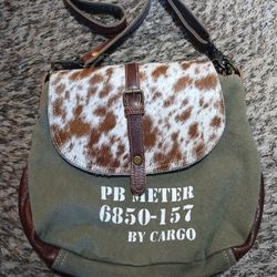 Myra Bag Crossbody Purse Cowhide Western Military Style Flap Over Canvas Cow Print 