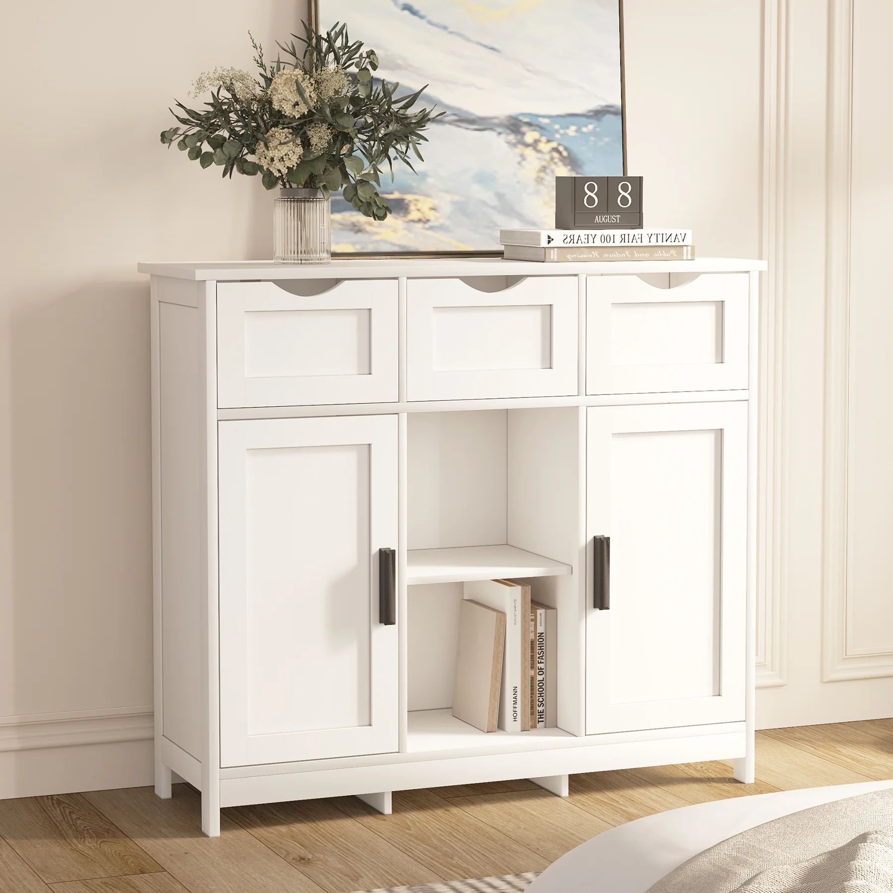 Homy Casa · Accent Storage Cabinet · White Wood with Drawers & Shelves