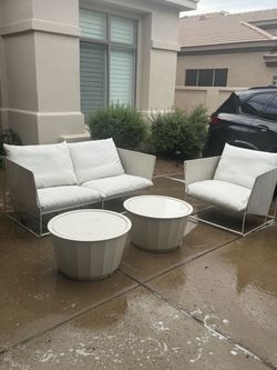 Outdoor sofa set includes 2 seater sofa, chair and two side tables
