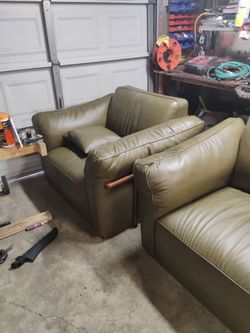 2 Olive Green Leather Armchair with Wood Accents