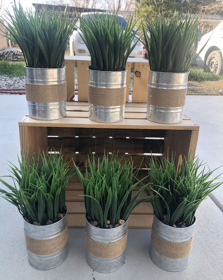 Farmhouse Tabletop Home Decor Grass Metal Pots With Burlap Lot Of 6