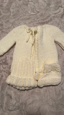 Hand knit baby sweater, hat, booties