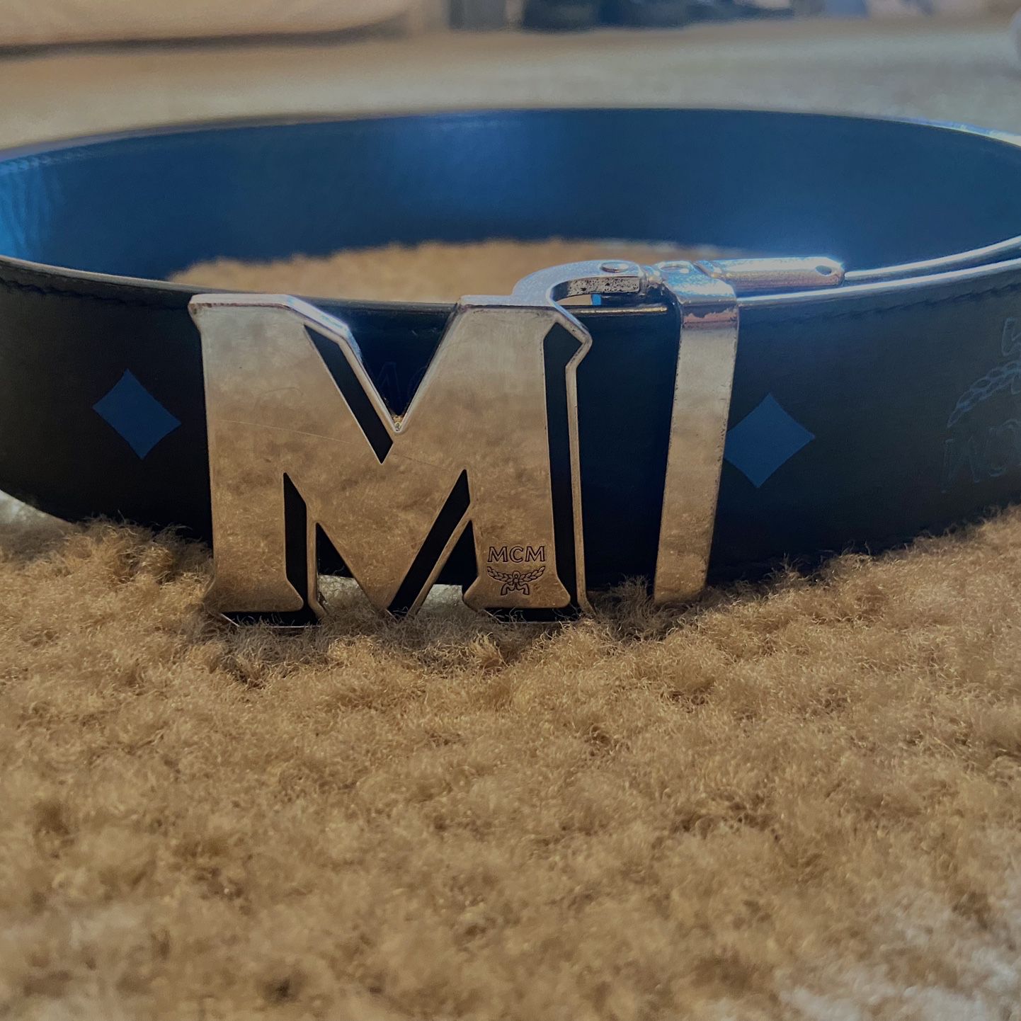Black And Blue Reversible Adjustable  Mcm Belt  