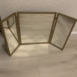 Vintage Trifold Mirror In Gold Frame